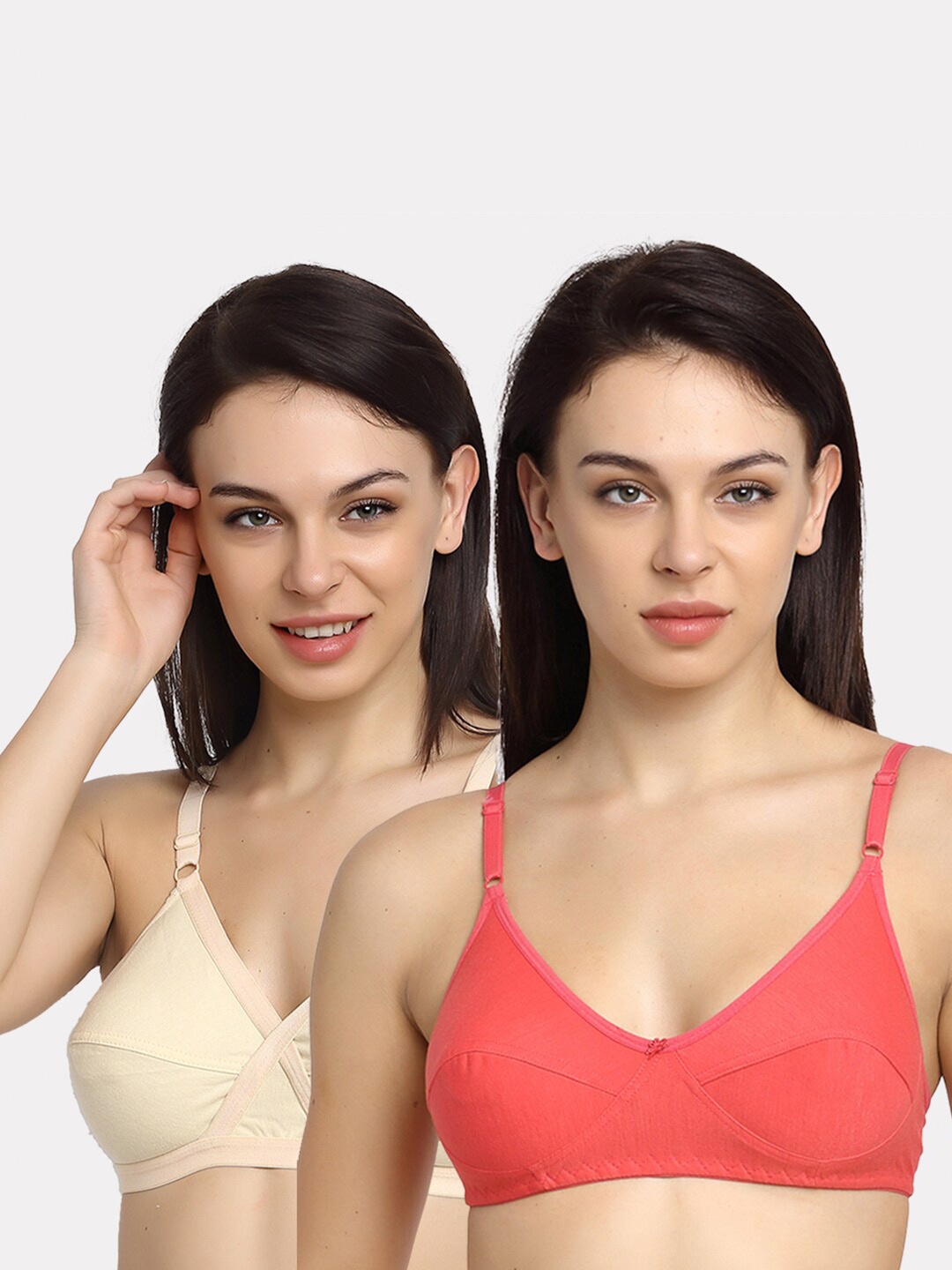 

Friskers Pack of 2 Beige & Orange Cotton Bra Non Padded