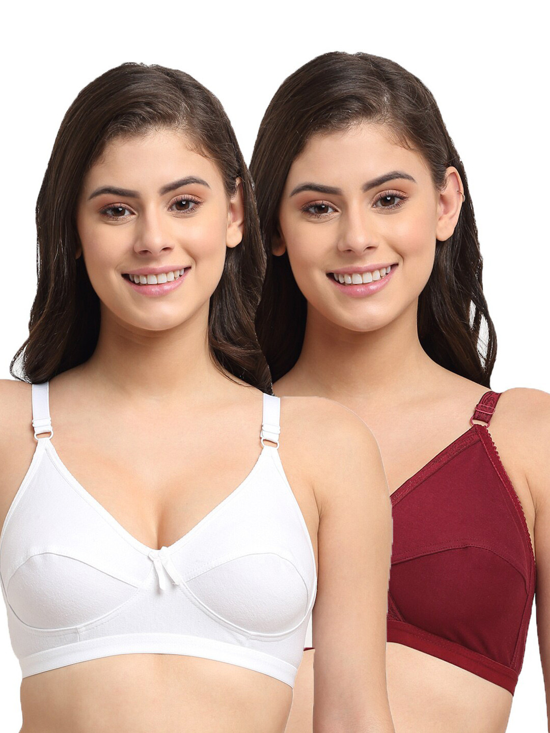 

Friskers Pack of 2 Maroon & White Solid Non wired Medium Coverage Cotton Everyday Bra