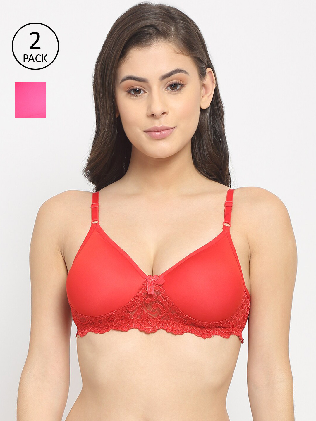 

Friskers Pack of 2 Red & Pink Self Design Non wired Medium Coverage Everyday Bra