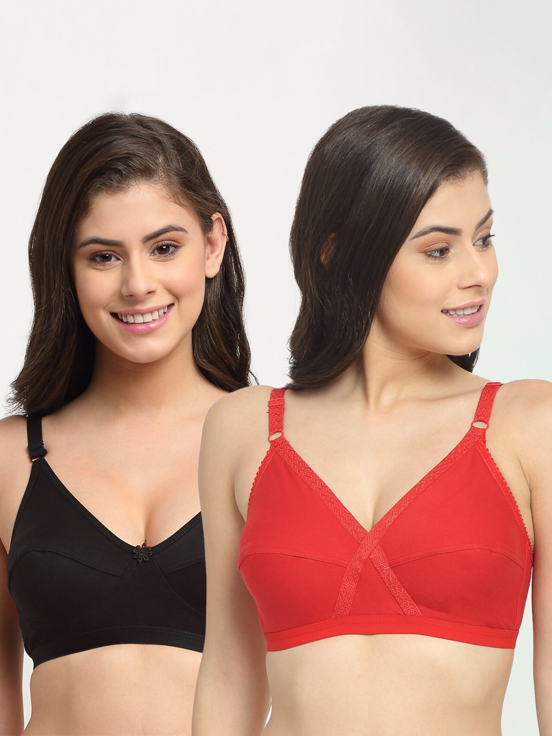 

Friskers Women Red & Black Non Padded Cut & Sew Premium Cotton Everyday Bra Pack Of 2 OD-312-03-318-01-30-Red