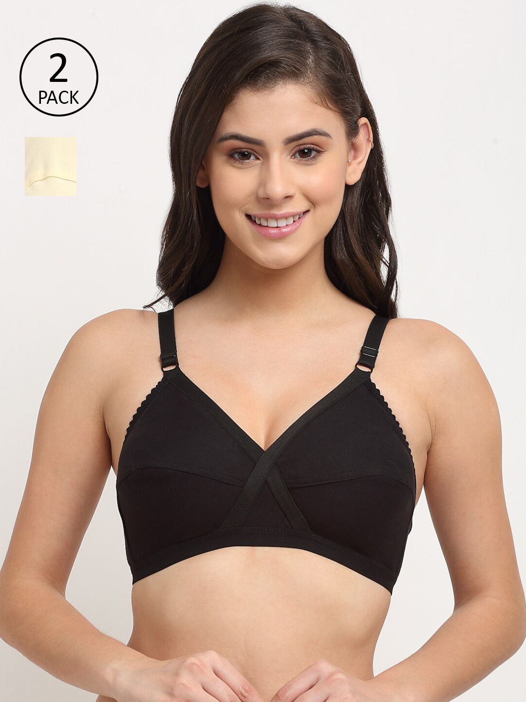 

Friskers Set Of 2 Black & Beige Non Padded & Non Wired Solid Bra