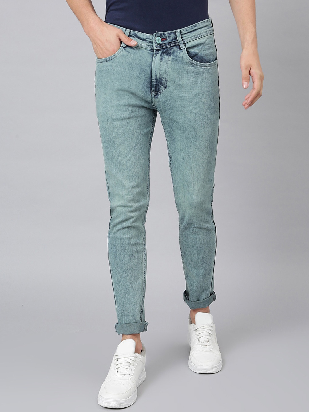 

Code 61 Men Sea Green Skinny Fit Low-Rise Heavy Fade Acid Wash Stretchable Jeans