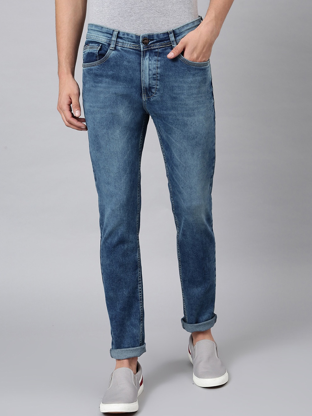 

Code 61 Men Navy Blue Skinny Fit Low-Rise Low Distress Heavy Fade Stretchable Jeans
