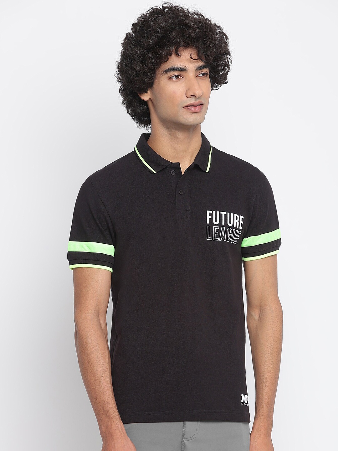 

MPL SPORTS Men Black & White Printed Polo Collar Cotton T-shirt