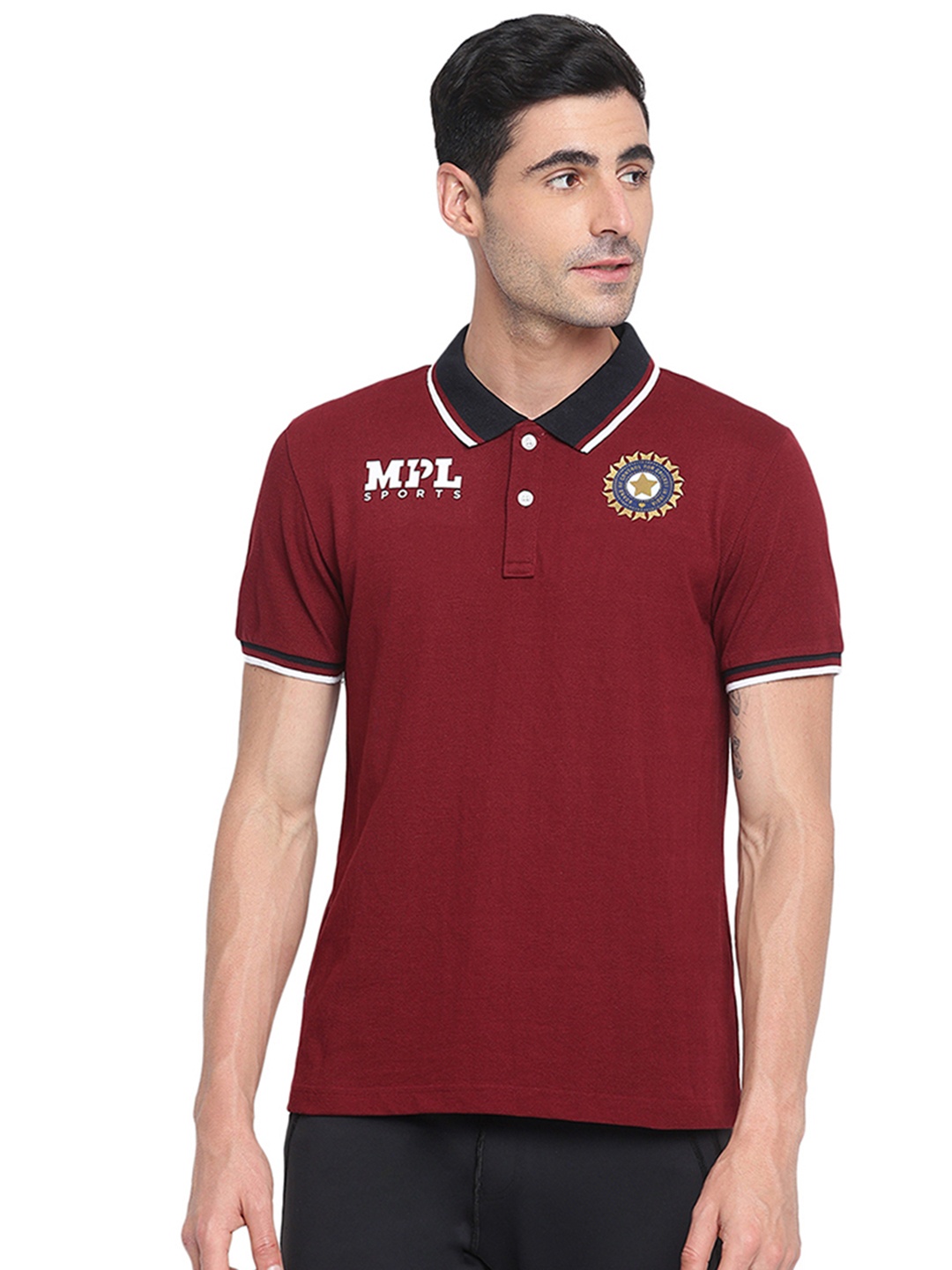 

MPL SPORTS Men Maroon & Black Typography Printed Polo Collar Cotton T-shirt