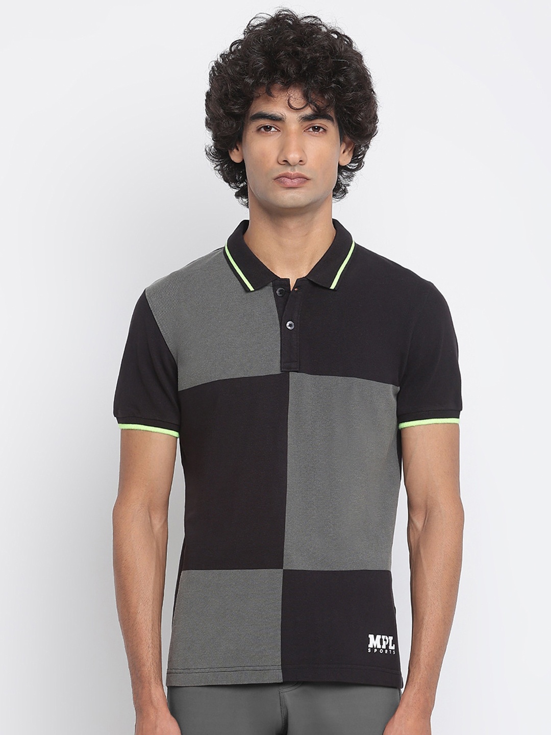 

MPL SPORTS Men Black & Grey Checked Polo Collar Cotton T-shirt