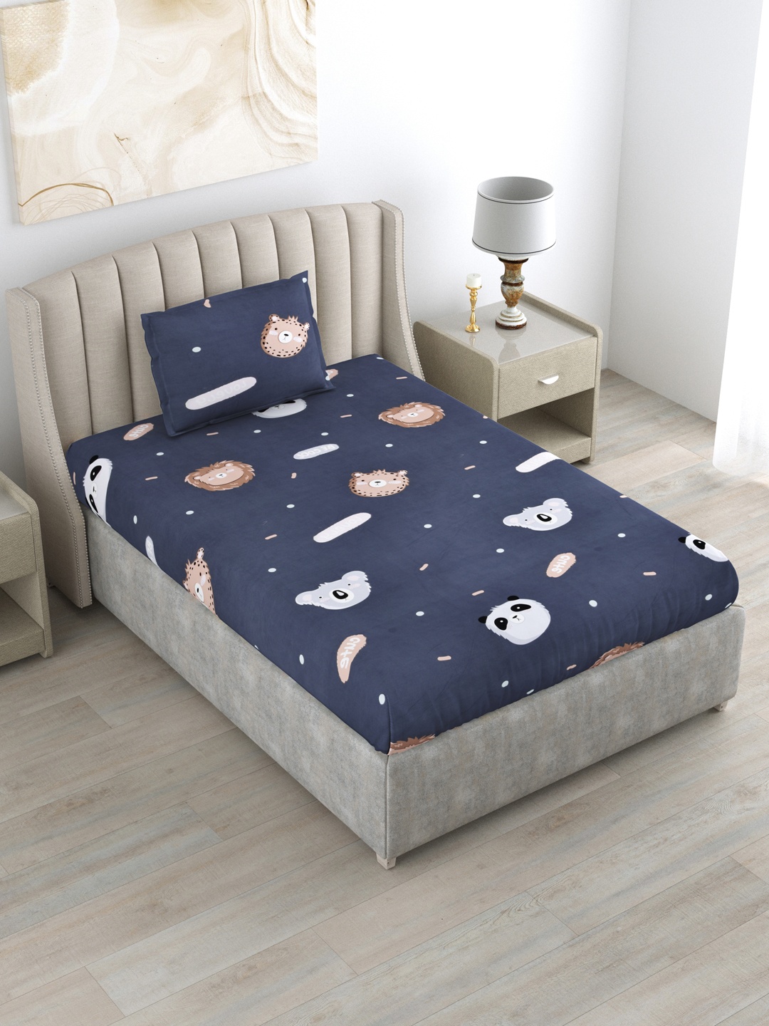 

DREAM WEAVERZ Navy Blue Kids Print Glazed Cotton 220 TC Single Bedsheet Set
