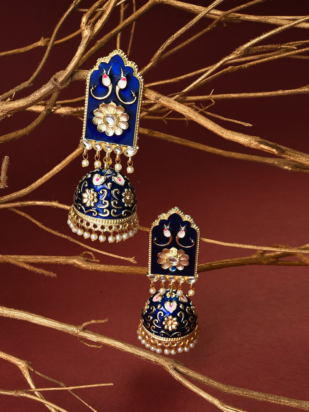 

SOHI Blue Dome Shaped Meenakari Jhumkas