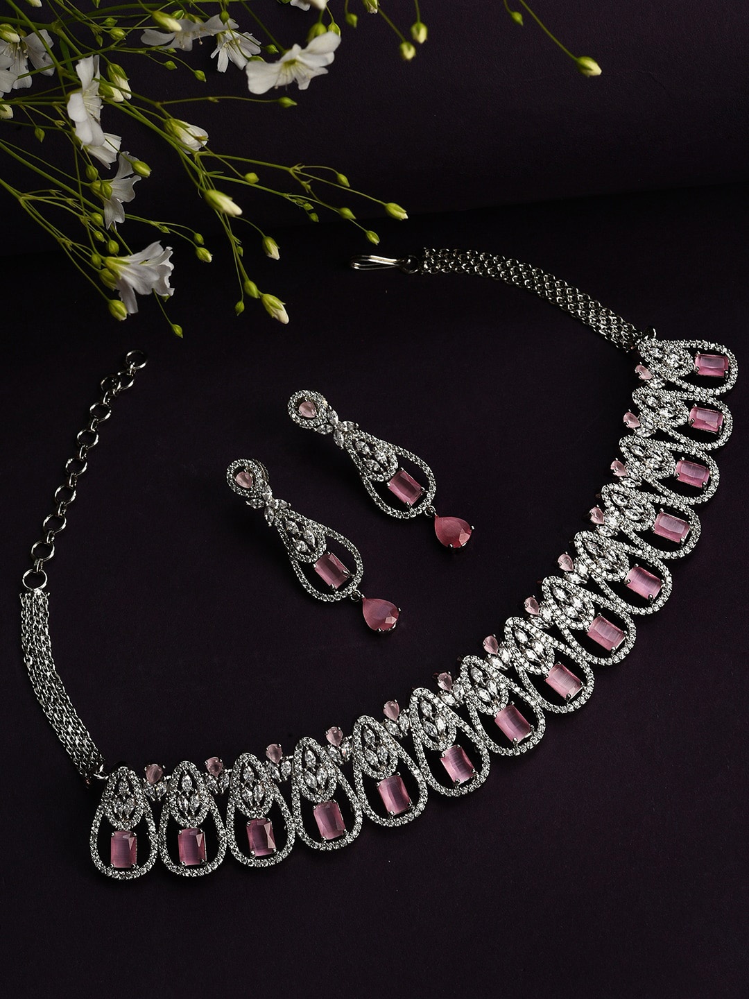 

SOHI Silver-Plated Green & Pink Stone Studded Jewellery Set