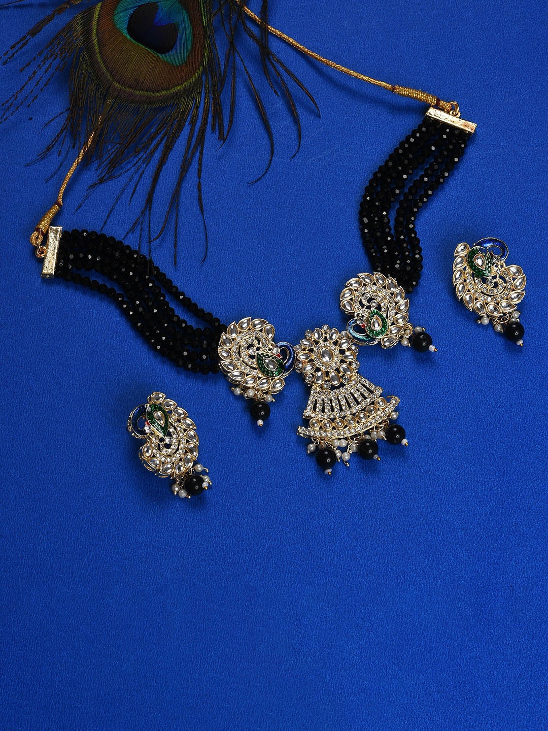 

SOHI Silver-Plated & Black Stone-Studded & Beaded Jewellery Set