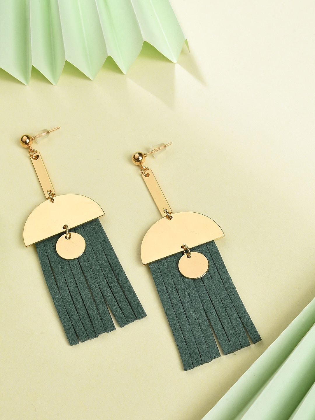 

SOHI Green & Gold Plated Contemporary Drop Earrings