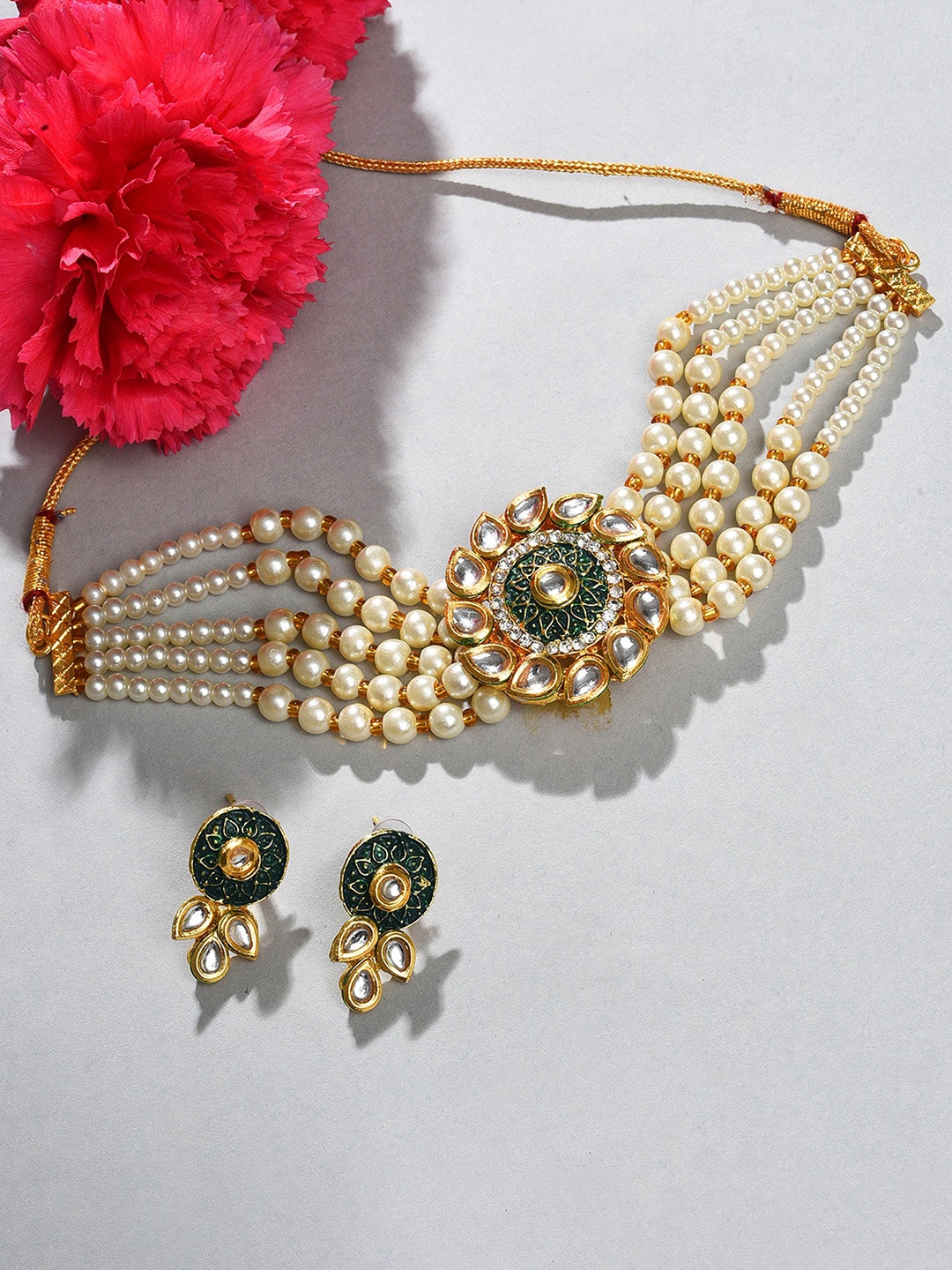 

SOHI Gold-Plated & Green Stone-Studded & Pearl Beaded Jewellery Set