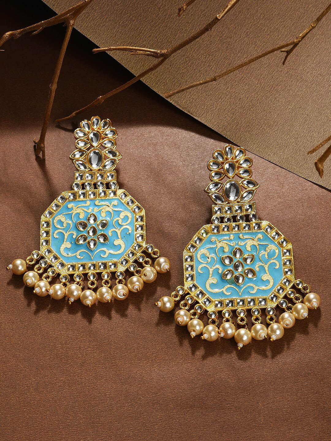 

SOHI Blue & Gold Plated Geometric Meenakari Drop Earrings