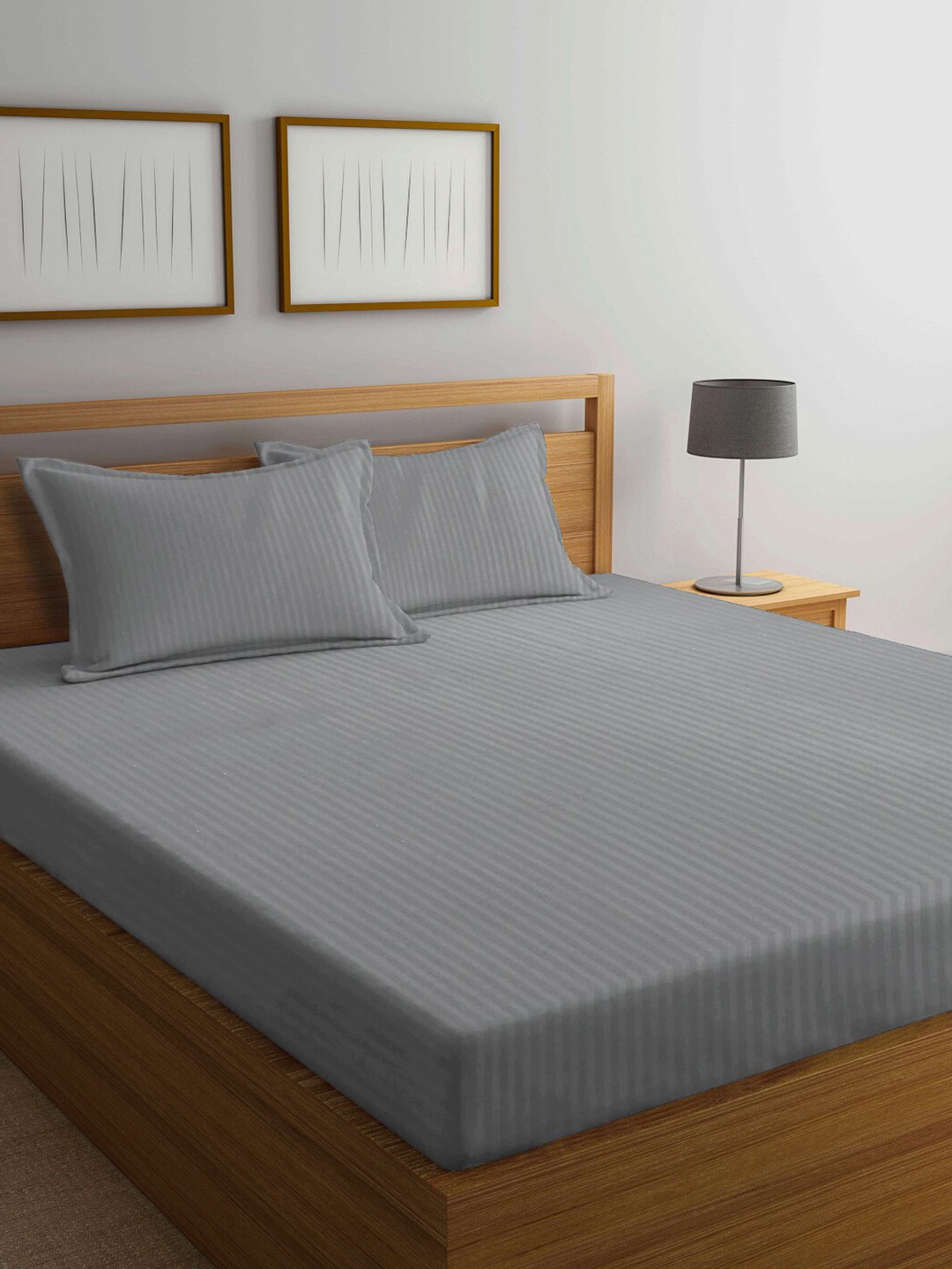 

Arrabi Grey Striped 300 TC King Bedsheet with 2 Pillow Covers