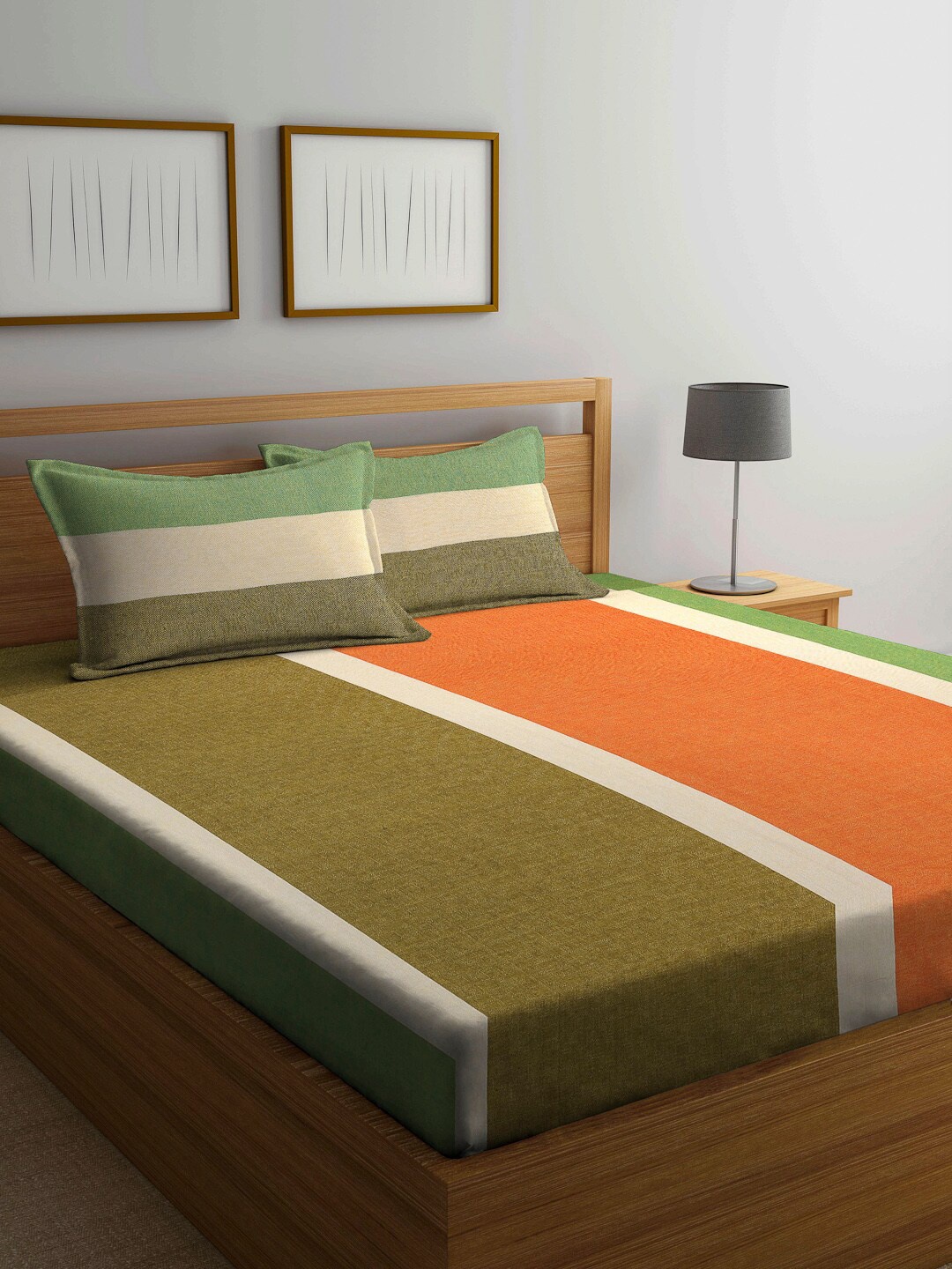

Arrabi Green & Orange Striped 300 TC Cotton King Bedsheet with 2 Pillow Covers