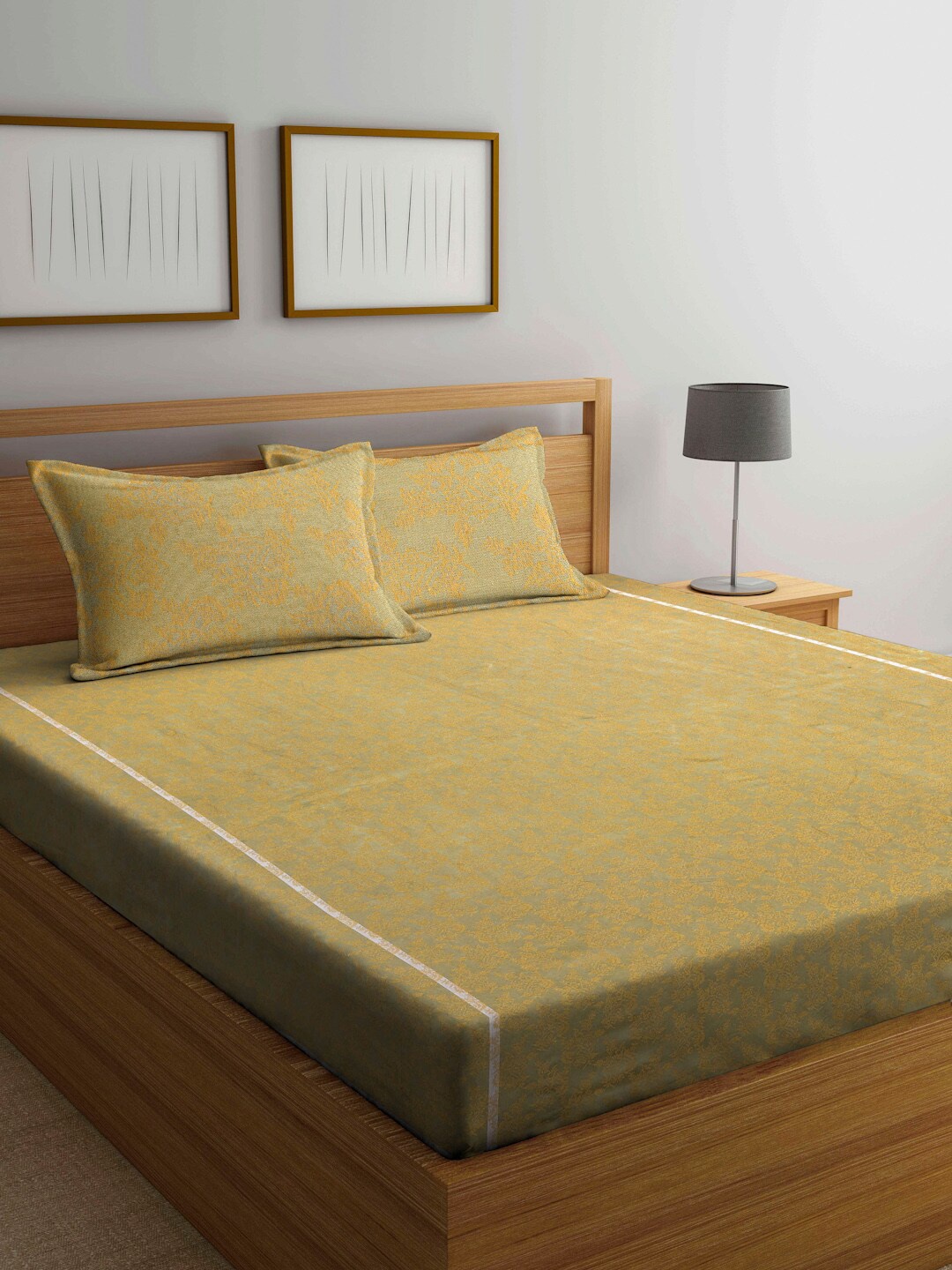 

Arrabi Yellow Floral 300 TC King Bedsheet with 2 Pillow Covers
