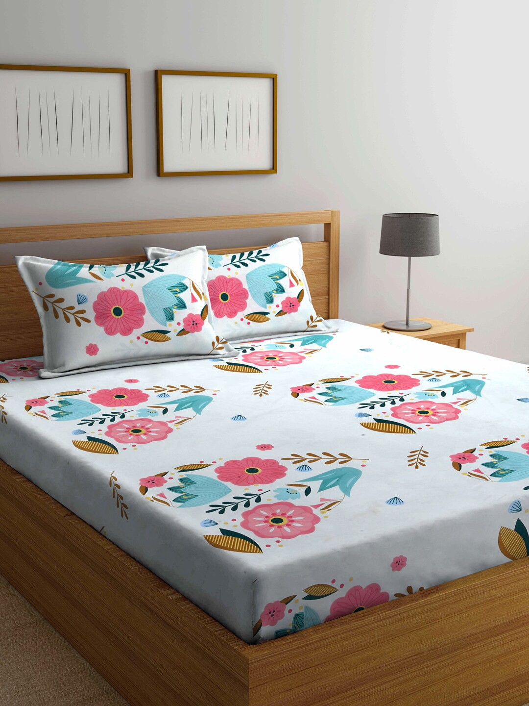 

Arrabi Multicoloured Floral 300 TC King Bedsheet with 2 Pillow Covers, Multi
