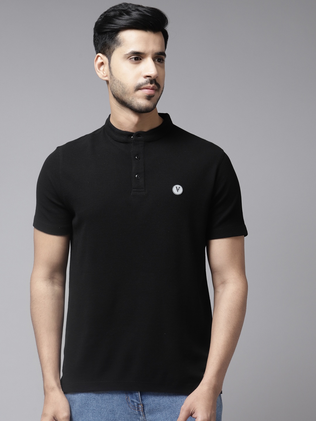 

Van Heusen Sport Men Black Ribbed Pure Cotton T-shirt