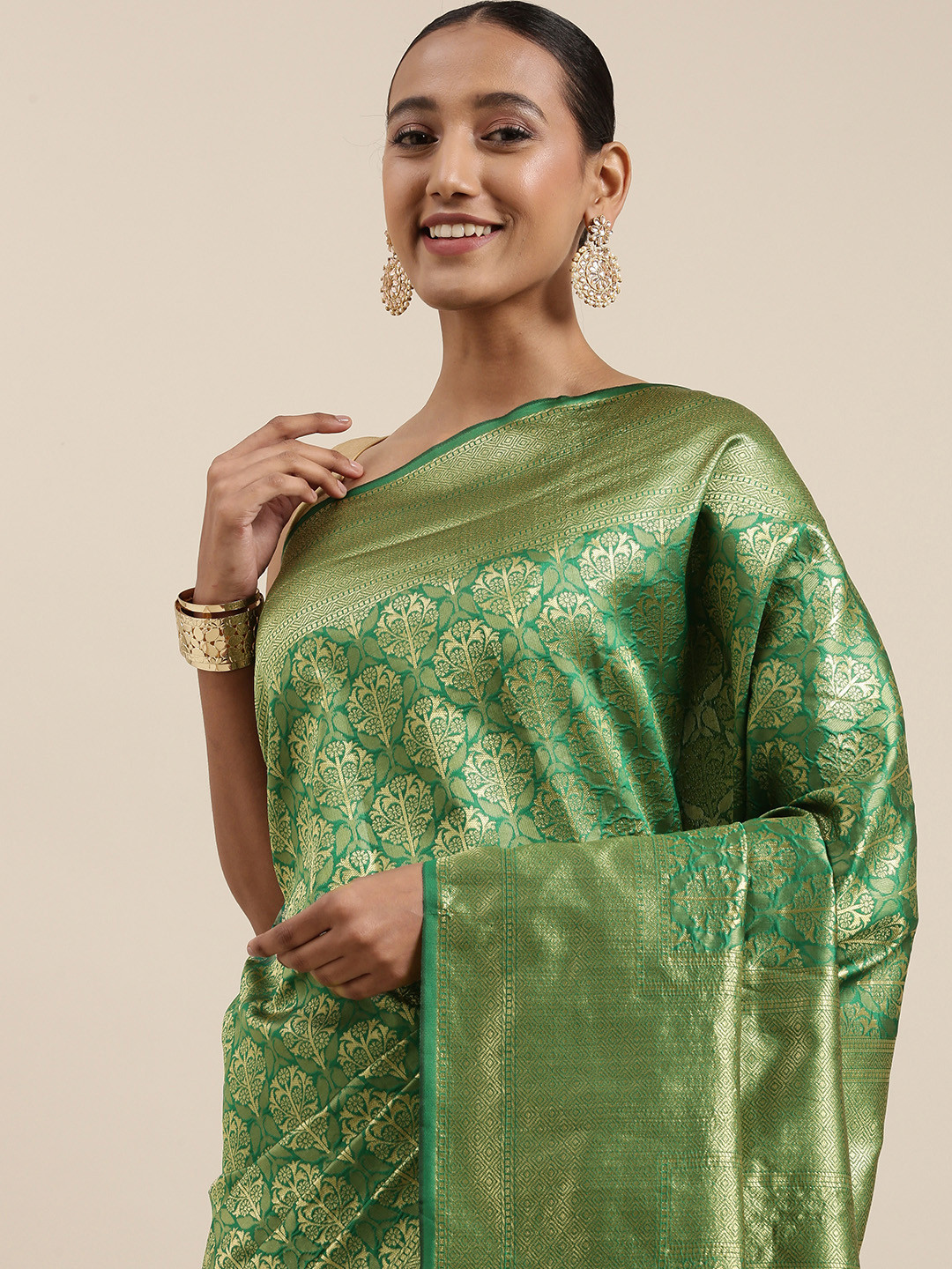 

Shaily Green & Golden Ethnic Motifs Woven Design Banarasi Saree