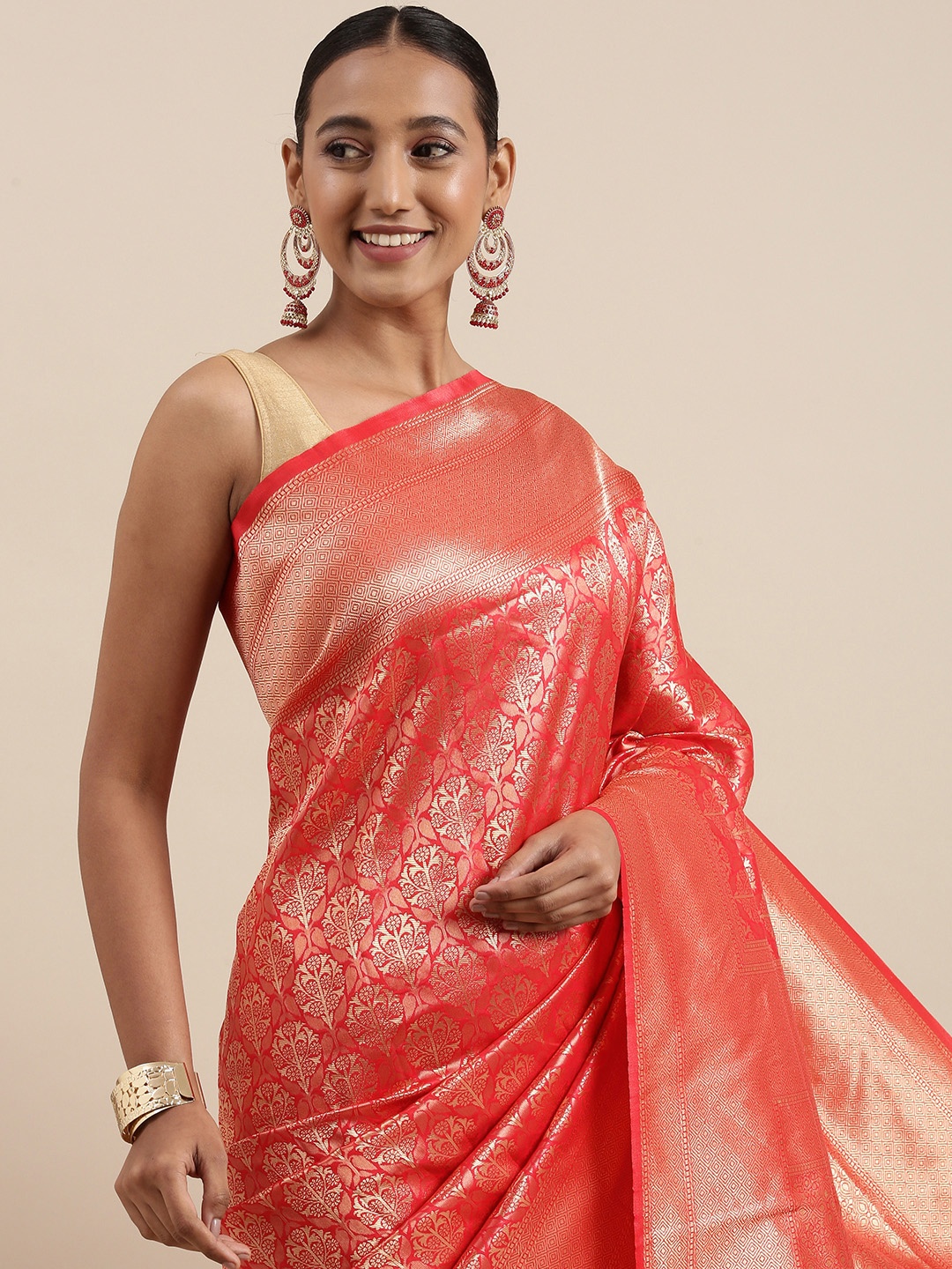 

Shaily Red & Golden Ethnic Motifs Woven Design Banarasi Saree