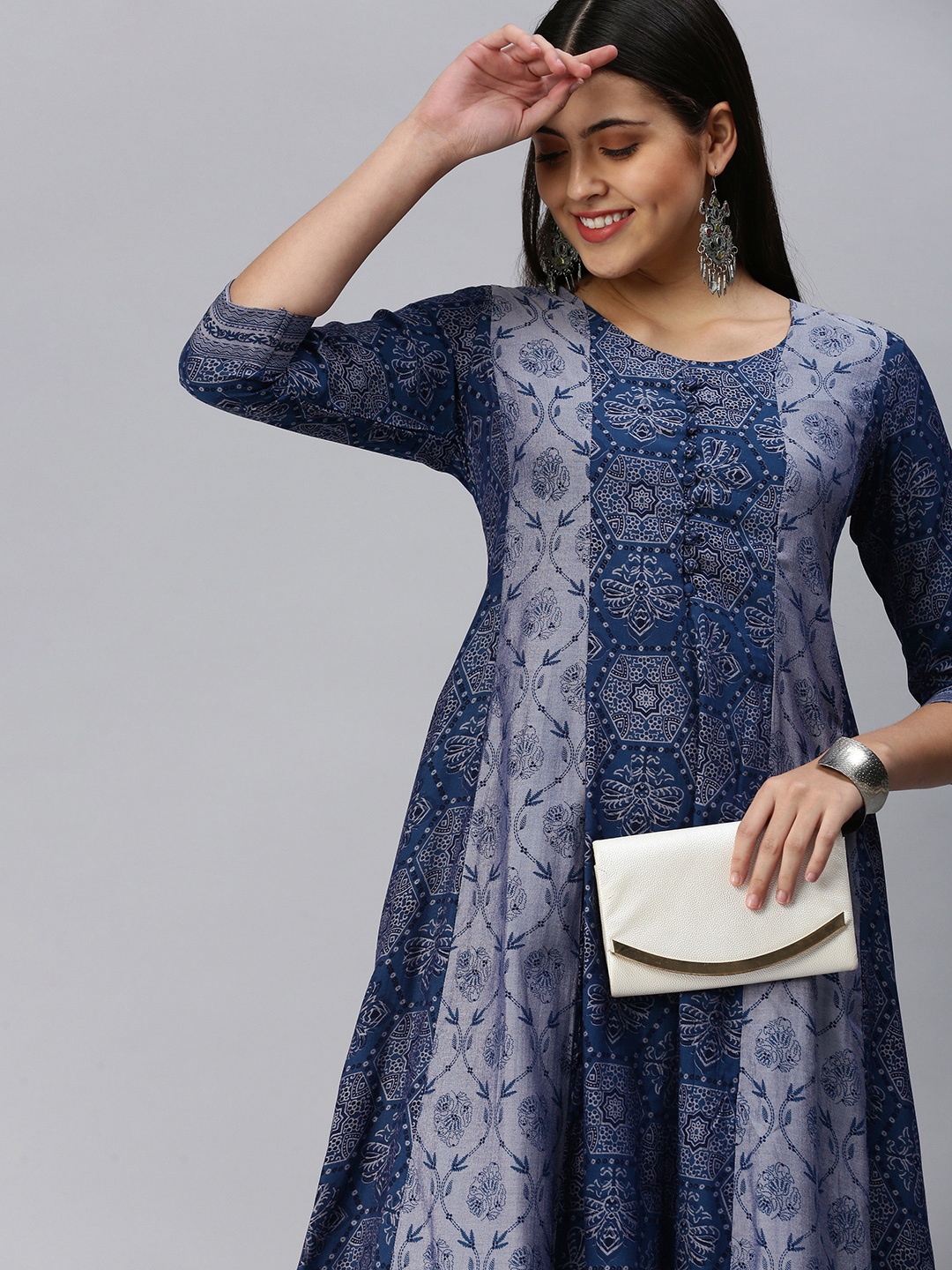 

ETIQUETTE Women Blue & Grey Ethnic Motifs Printed Anarkali Kurta