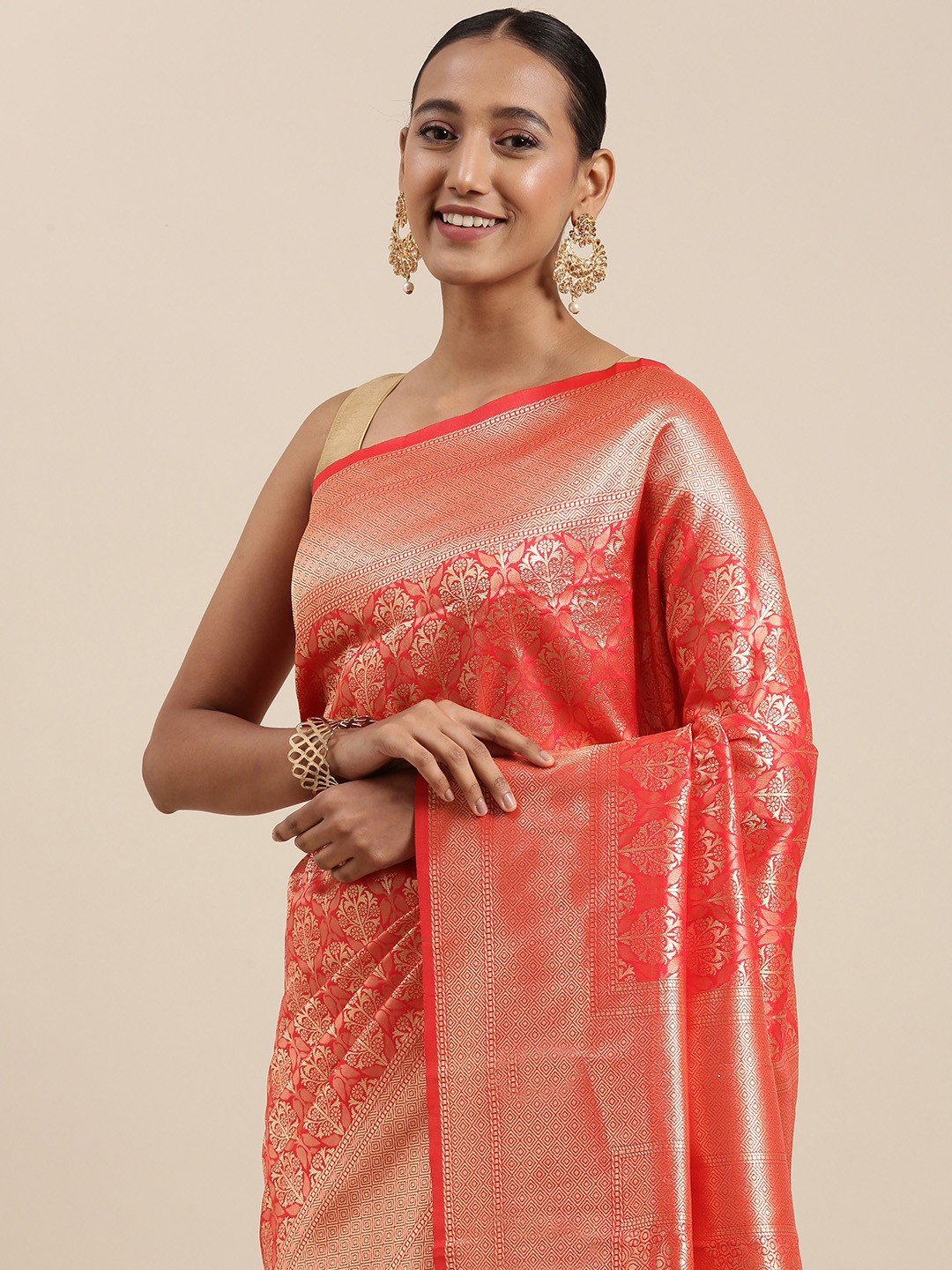 

KALINI Red & Golden Ethnic Motifs Woven Design Banarasi Saree