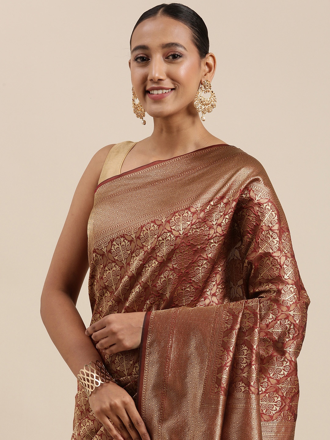 

KALINI Maroon & Golden Ethnic Motifs Woven Design Banarasi Saree