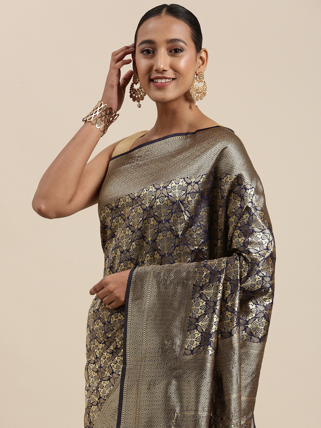 

KALINI Navy Blue & Golden Ethnic Motifs Woven Design Banarasi Saree