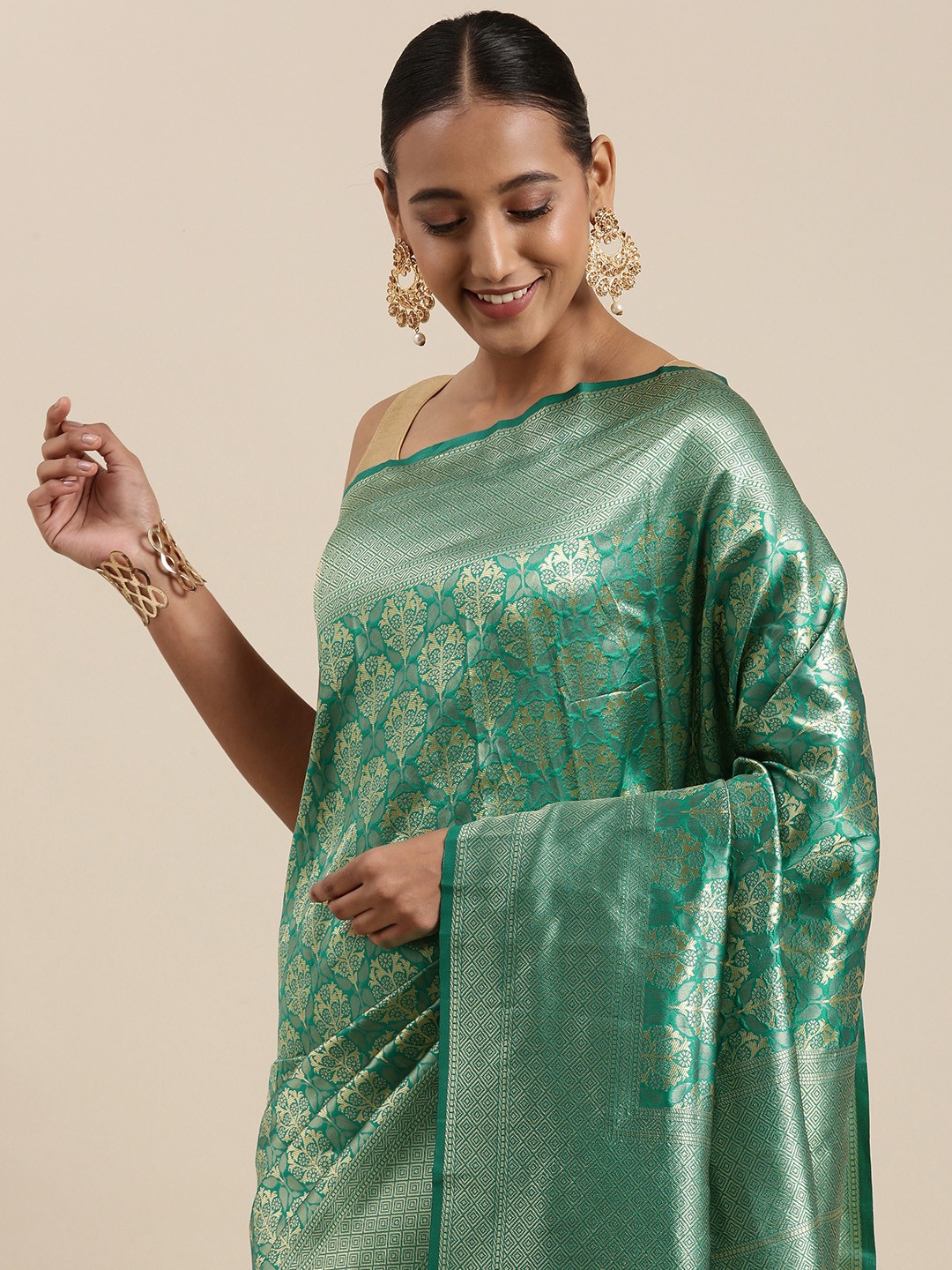 

KALINI Green & Golden Ethnic Motifs Woven Design Banarasi Saree