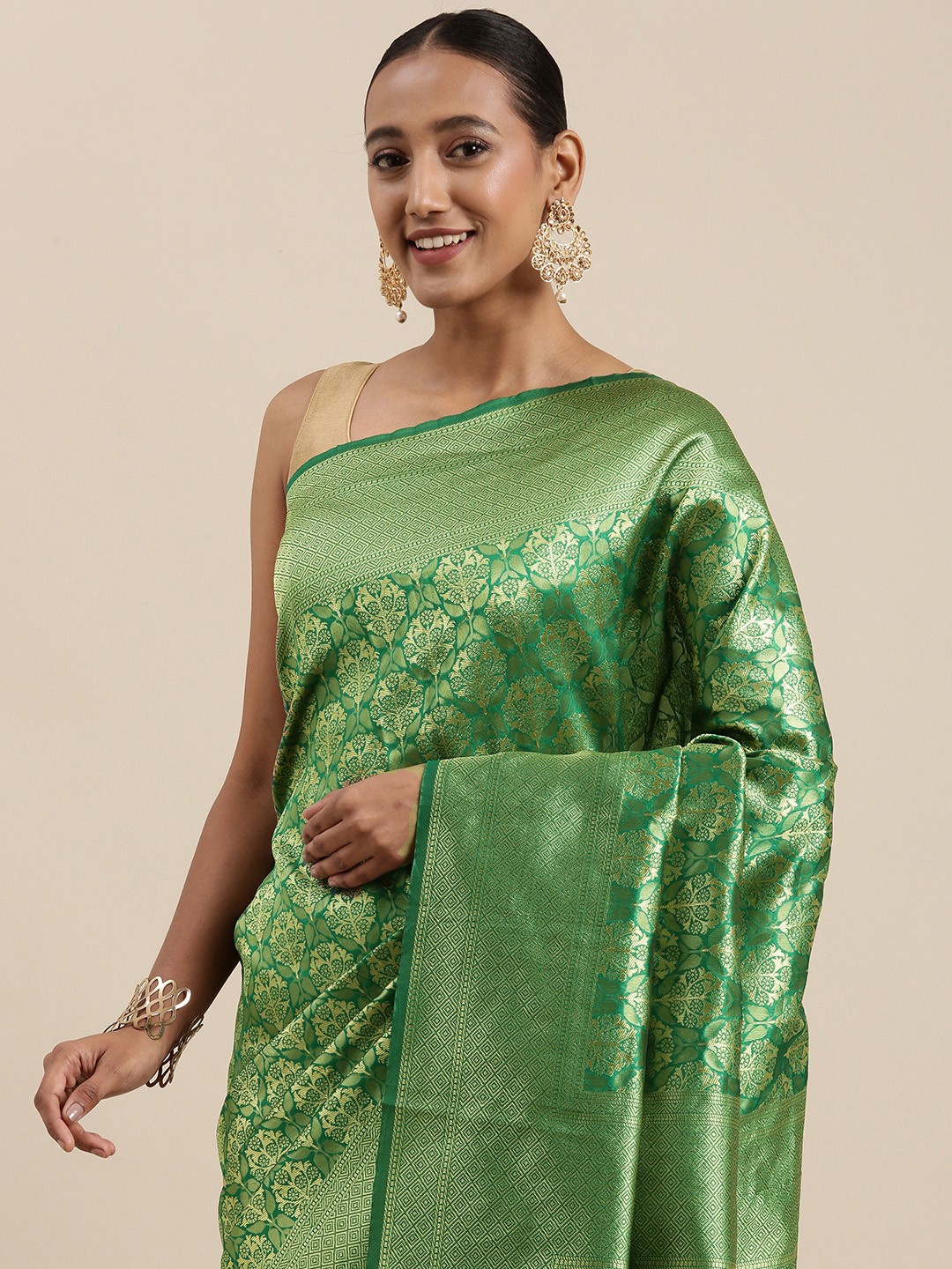 

KALINI Green & Golden Ethnic Motifs Woven Design Banarasi Saree