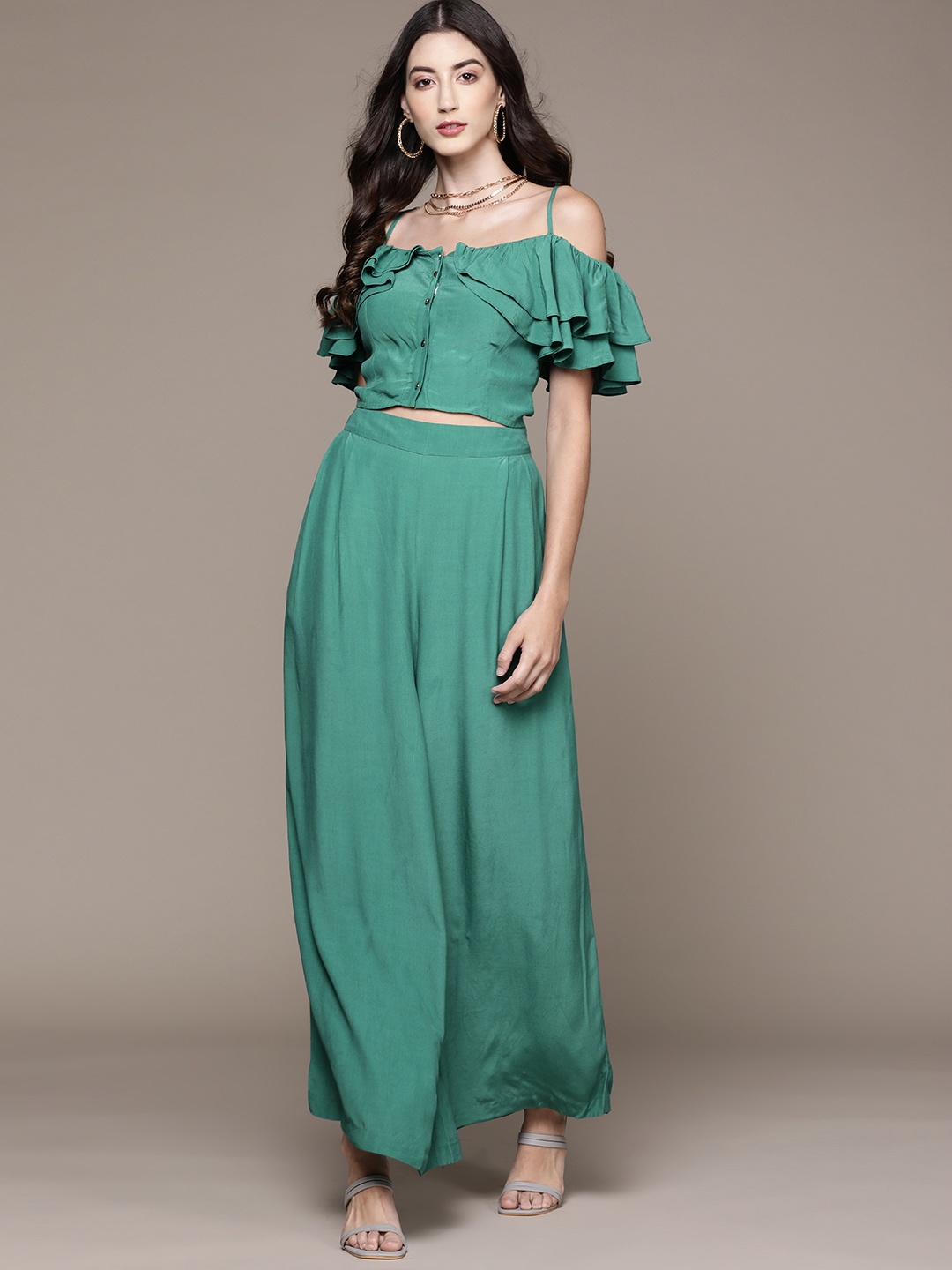 

Label Ritu Kumar Women Green Solid Crop Top with Palazzos