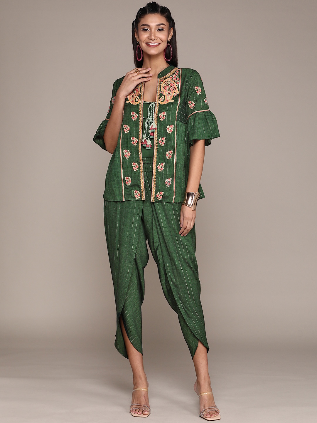

aarke Ritu Kumar Women Green & Silver Striped Co-ord Set with Ethnic Jacket