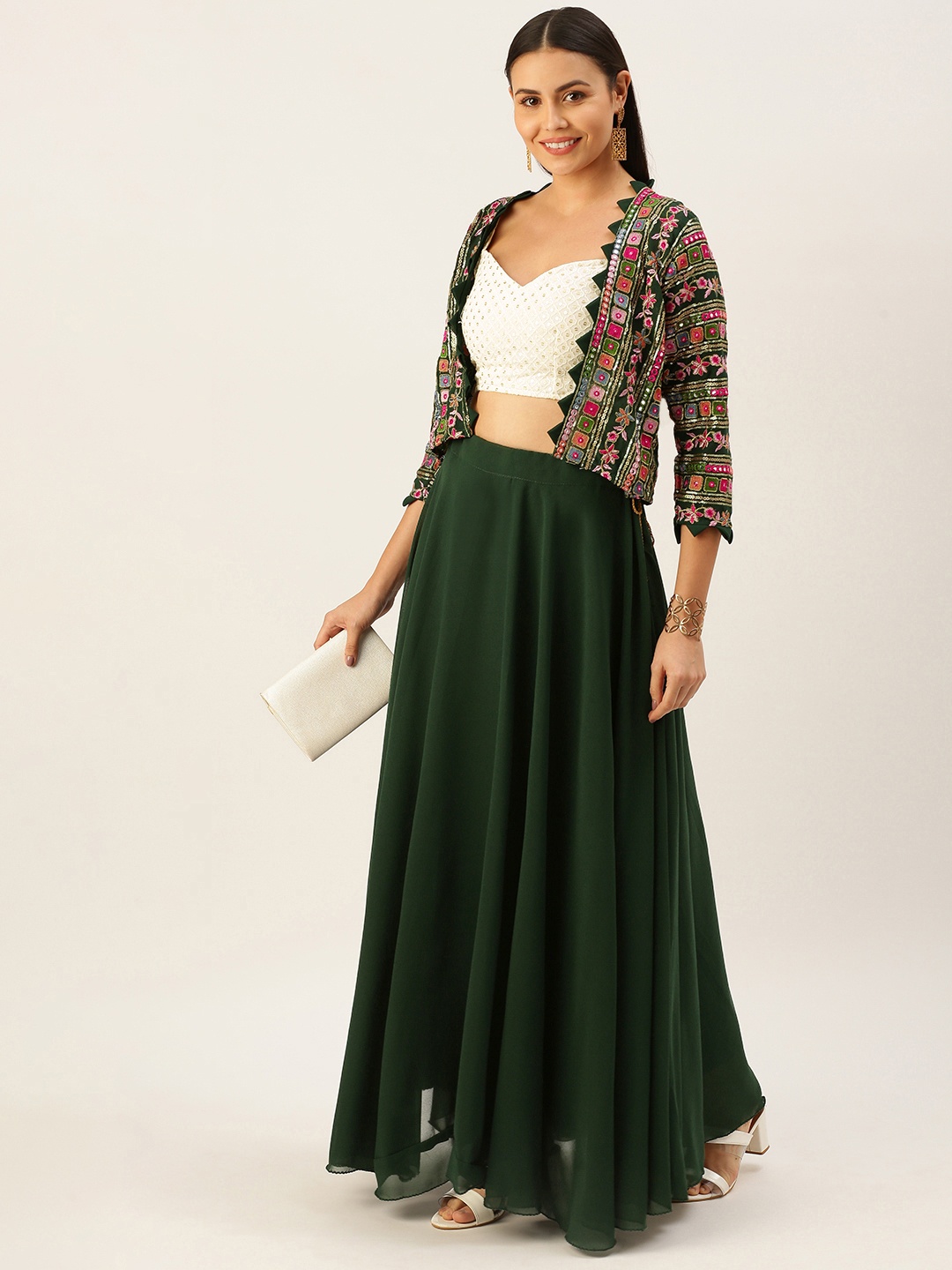 

LOOKNBOOK ART Green Solid Work Ready to Wear Fusion Lehenga & Choli with Ethnic Jacket