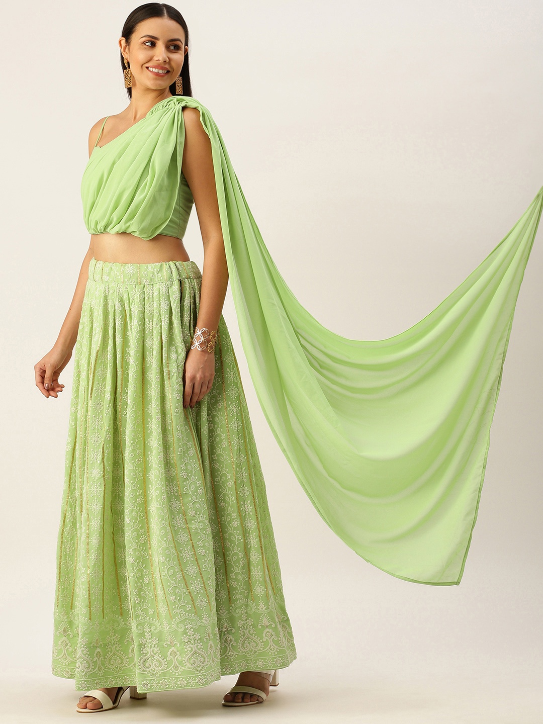 

LOOKNBOOK ART Sea Green Lucknowi Thread Work Lehenga Choli