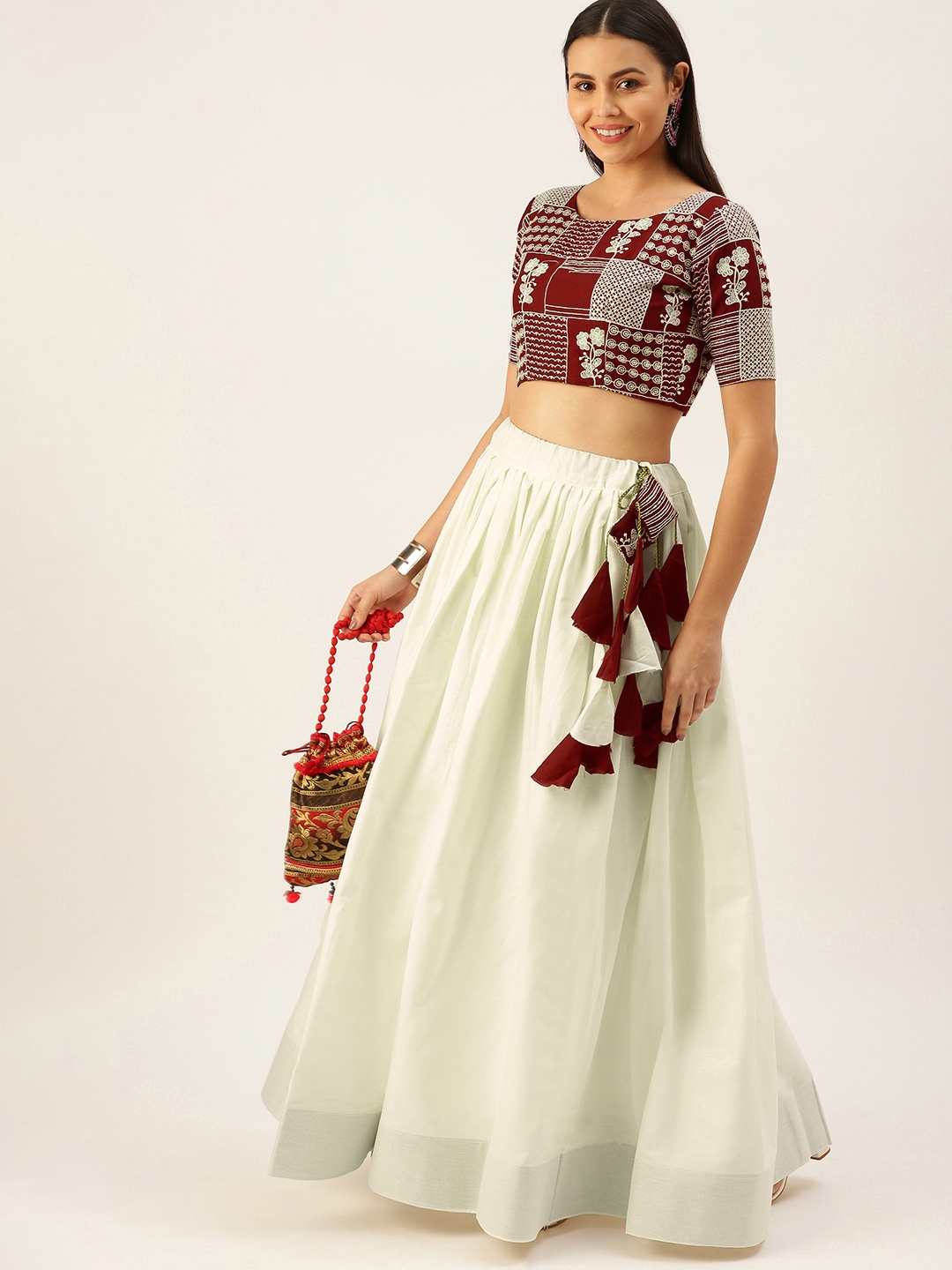 

LOOKNBOOK ART Off White Solid Ready to Wear Fusion Cotton Lehenga & Choli