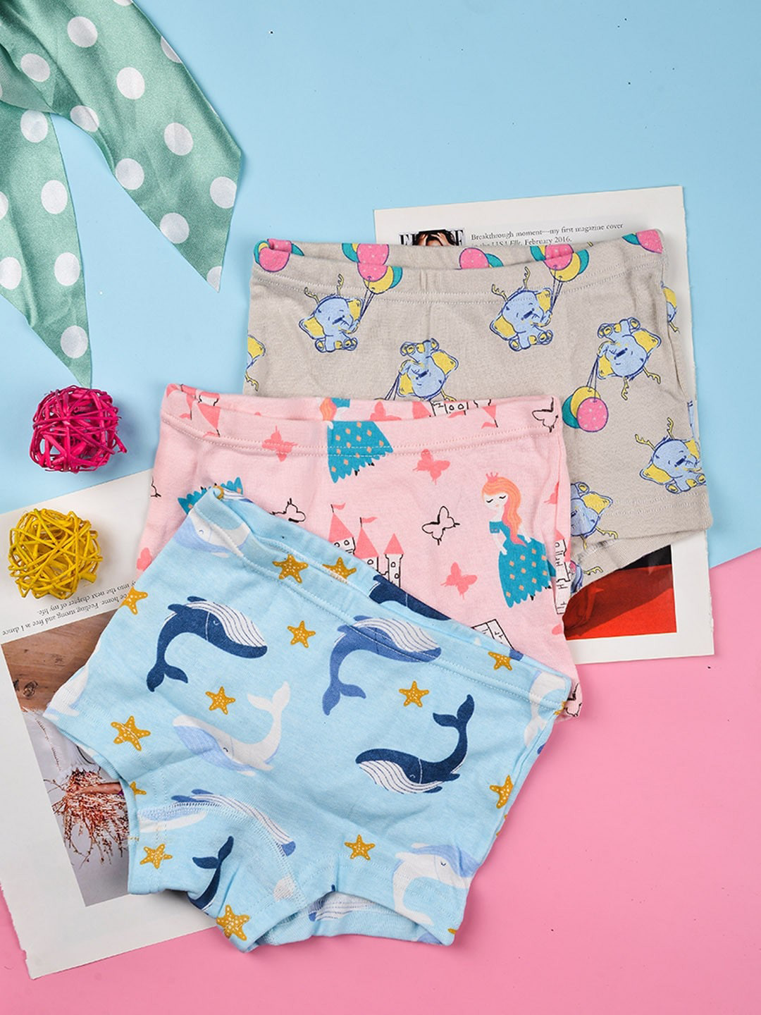 

POPLINS Girls Pack Of 3 Printed Cotton Boxer-Style Briefs, Blue