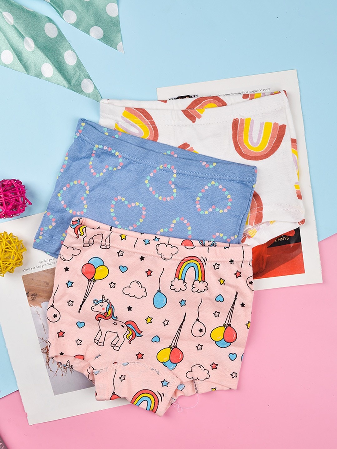 

POPLINS Girls Pink & Blue Pack Of 3 Printed Cotton Boxer-Style Briefs