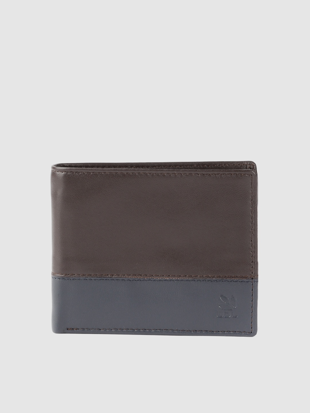 

Woodland Men Coffee Brown & Navy Blue Colourblocked Leather Two Fold Wallet