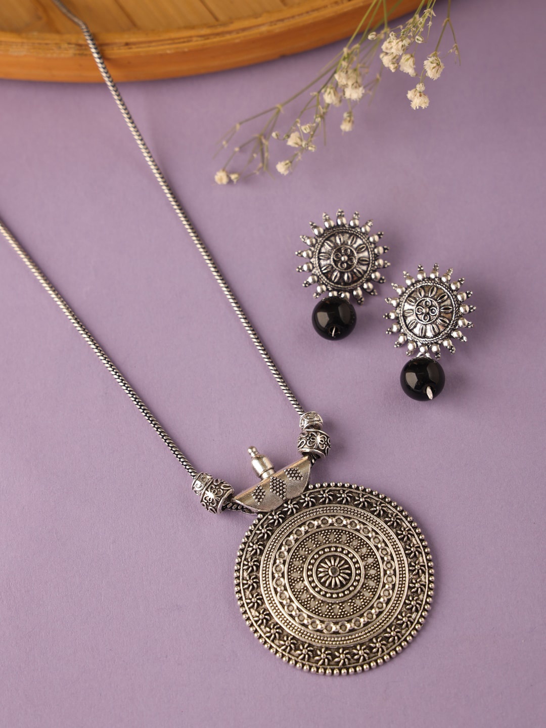 

VIRAASI Oxidised Silver-Toned Pendant with Earrings