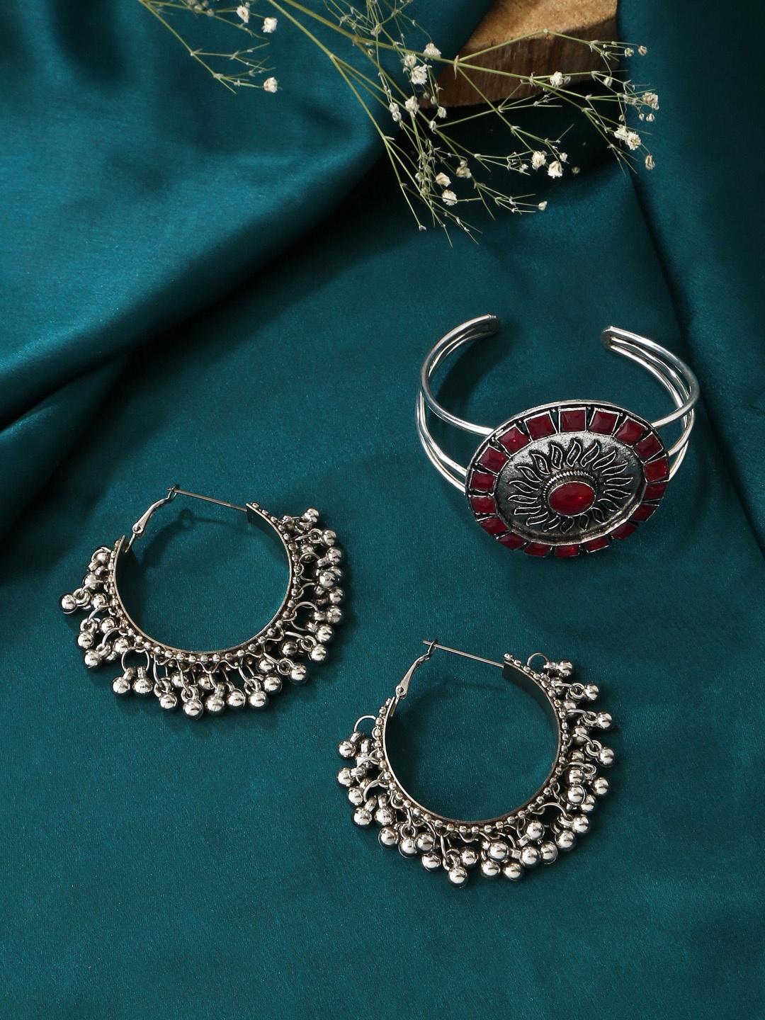 

VIRAASI Silver-Toned Hoop Earrings With Cuff Bracelet Jewellery Set