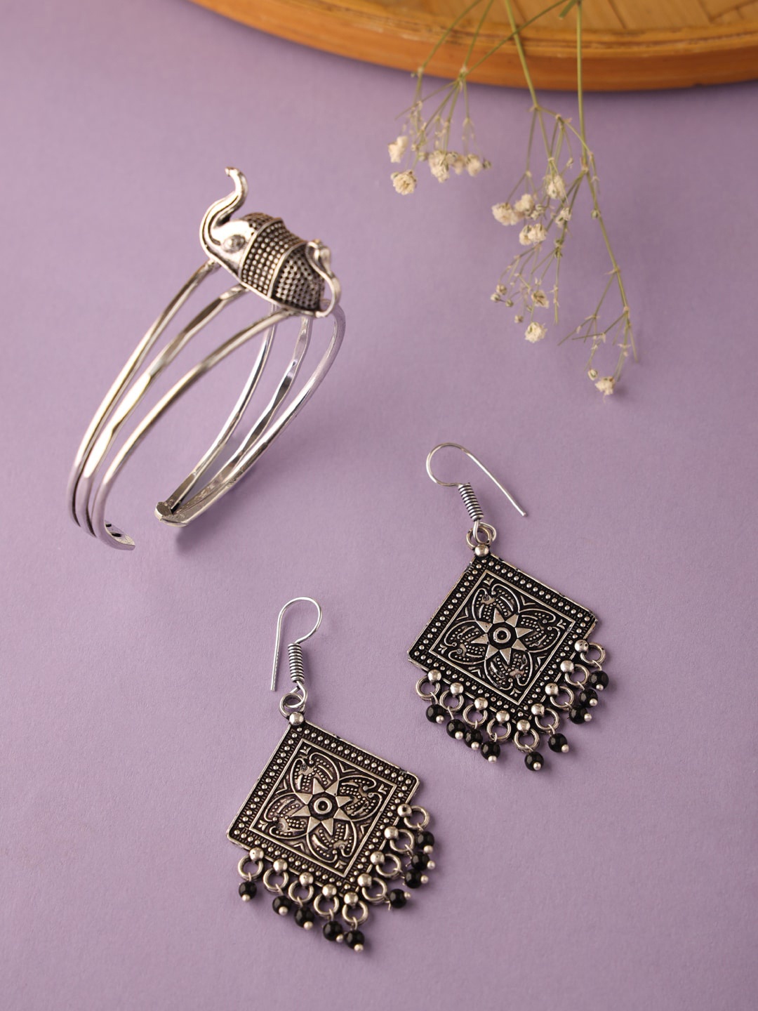 

VIRAASI Silver-Toned Oxidized Drop Earrings With Cuff Bracelet