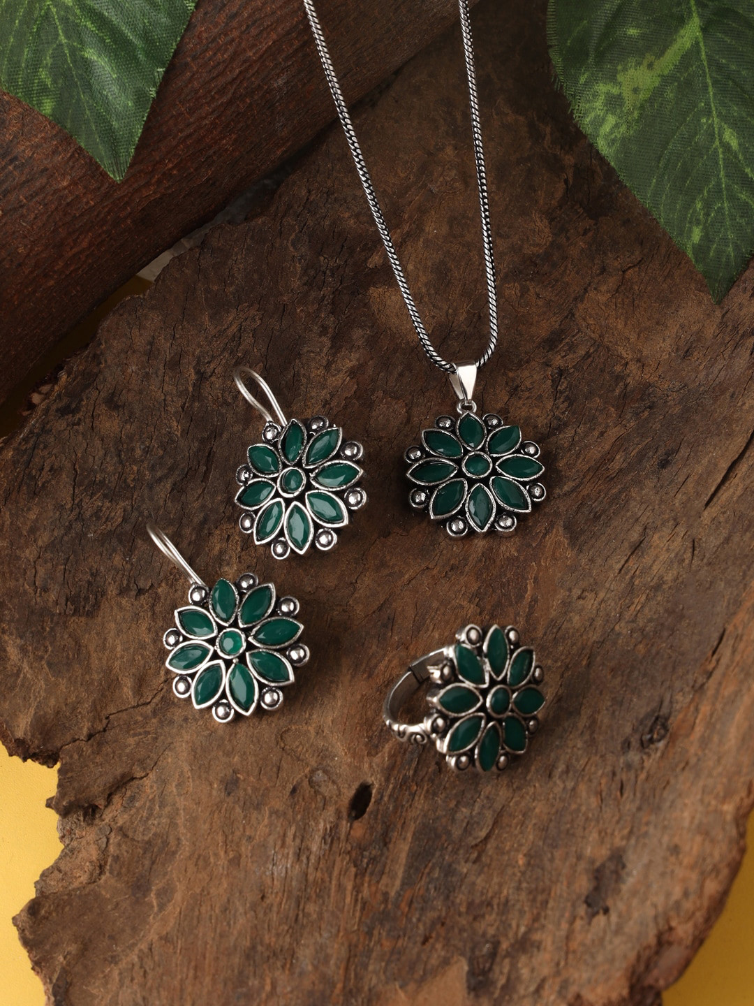 

VIRAASI Silver-Plated & Green Stone Studded & Beaded Oxidised Jewellery Set