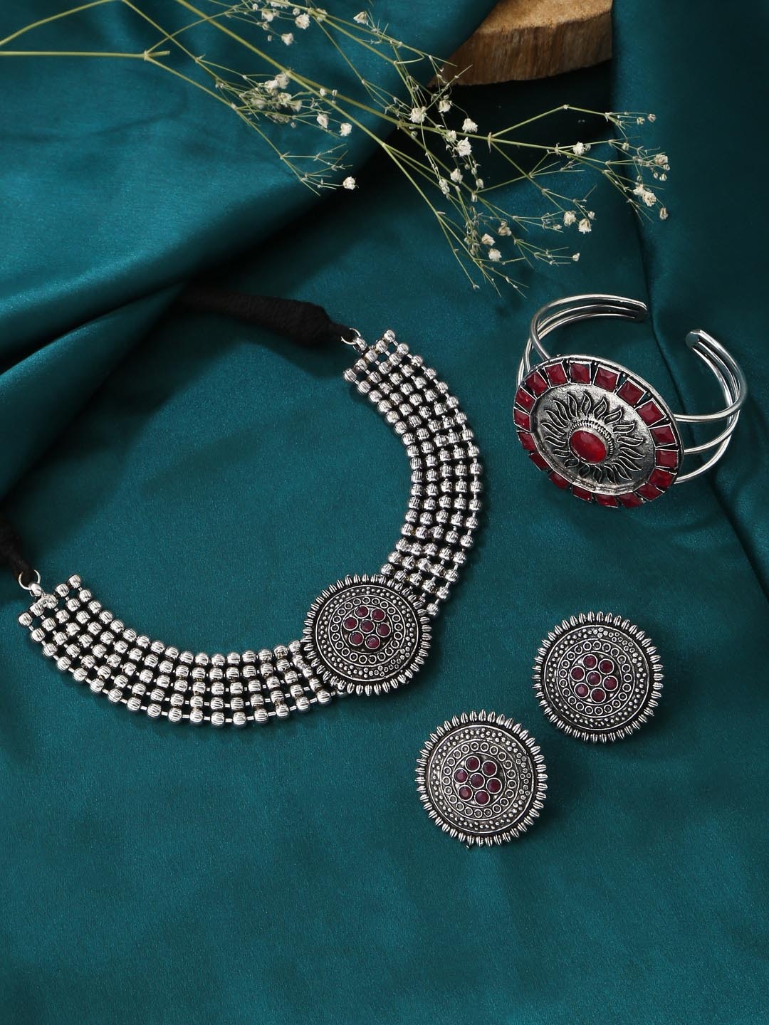 

VIRAASI Oxidised Silver-Toned & Red Stone Studded Jewellery Set