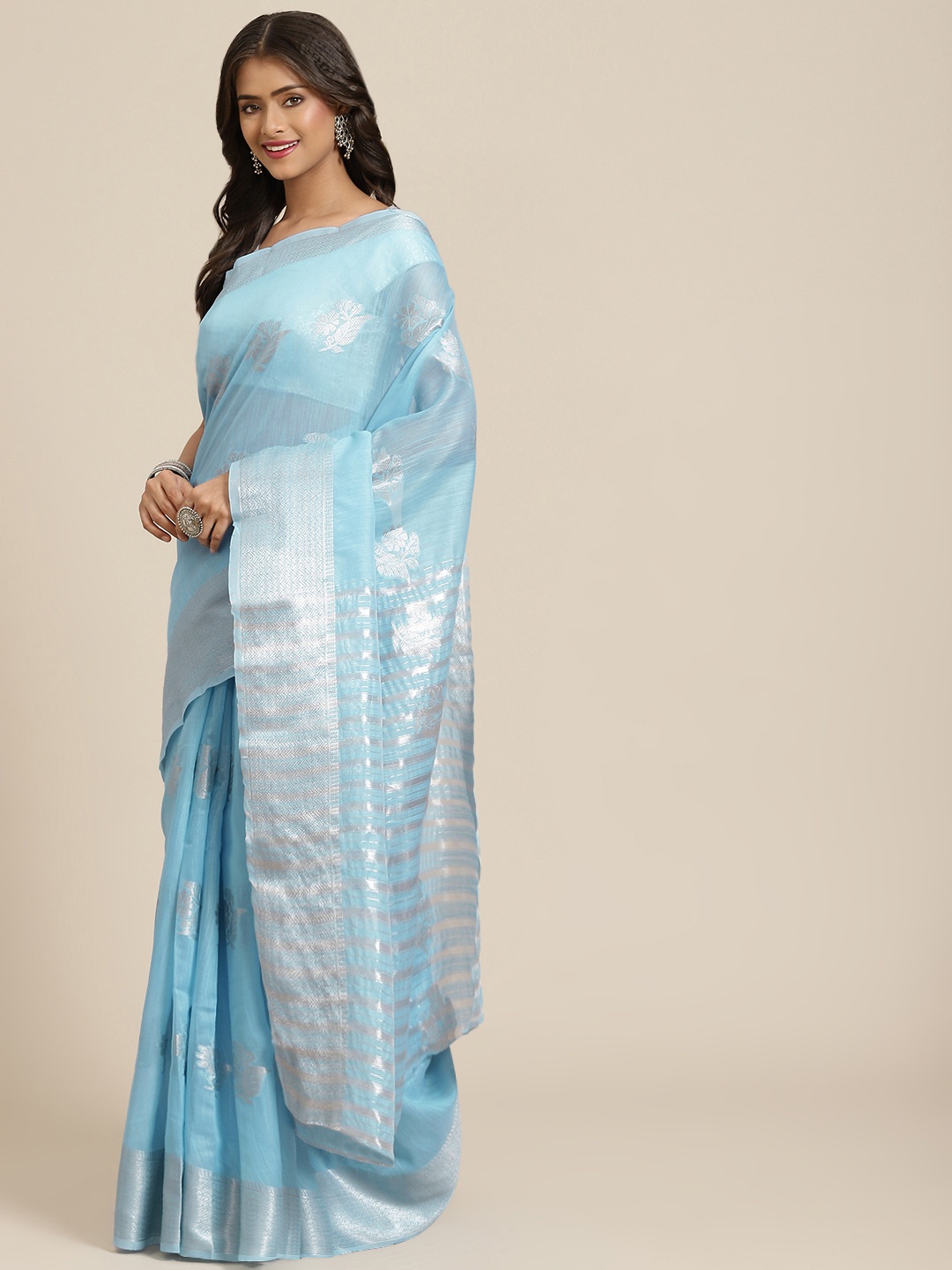 

Mitera Blue & Silver-Toned Floral Zari Linen Blend Block Print Saree