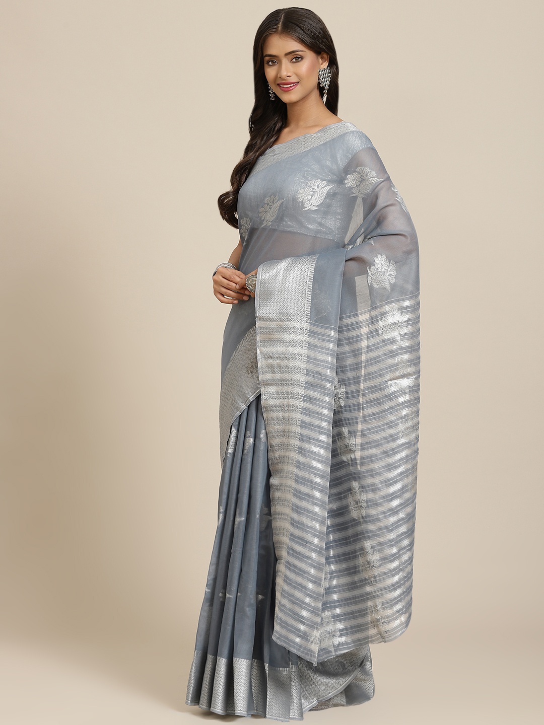 

Mitera Grey Floral Zari Linen Blend Block Print Saree