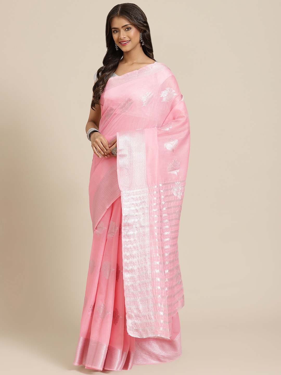 

Mitera Pink & Silver-Toned Ethnic Motifs Zari Linen Blend Block Print Saree