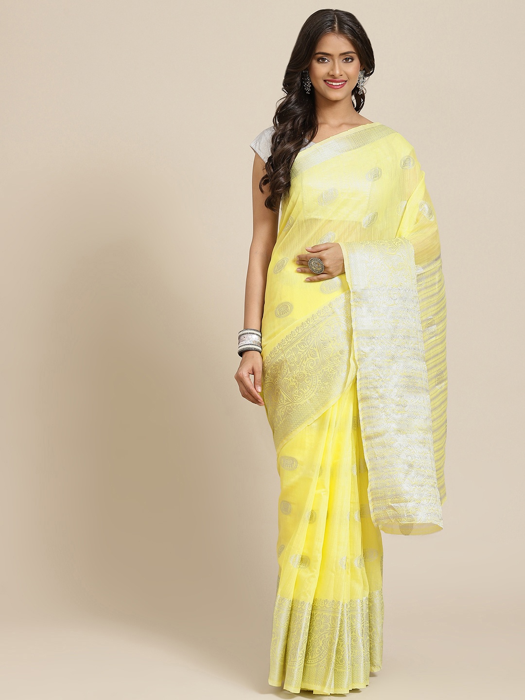 

Mitera Yellow & Silver-Toned Ethnic Motifs Zari Linen Blend Block Print Saree