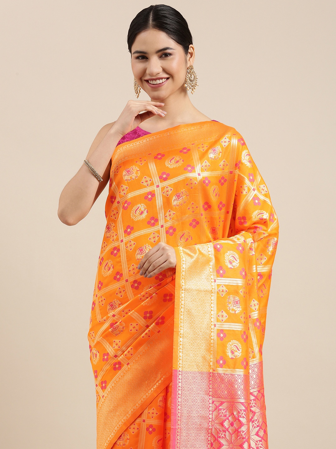 

Shaily Orange & Pink Ethnic Motifs Zari Work Silk Blend Patola Saree With Blouse Piece