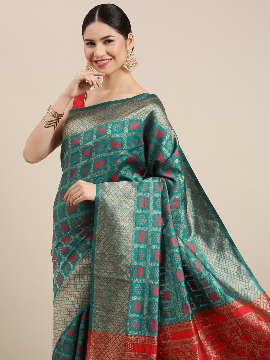 

Shaily Teal & Red Ethnic Motifs Zari Work Silk Blend Patola Saree With Blouse Piece