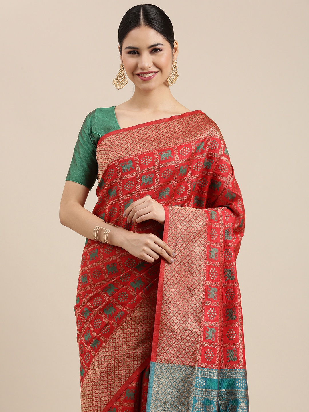 

Shaily Red & Turquoise Blue Ethnic Print Zari Silk Blend Patola Saree With Blouse Piece